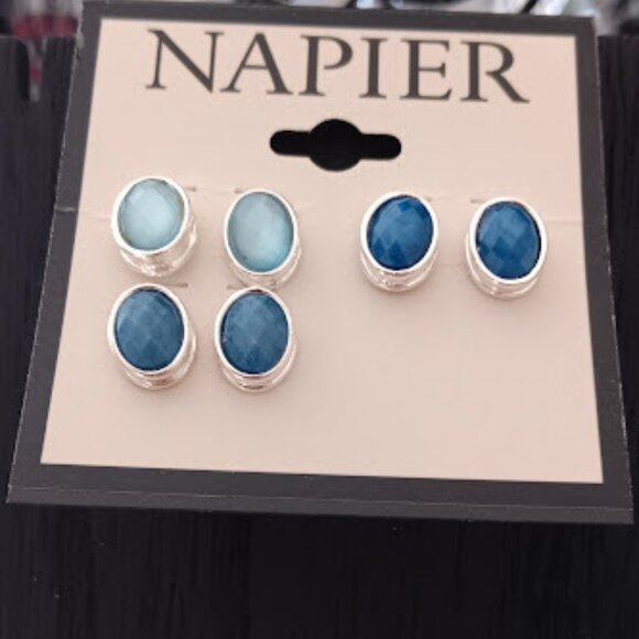 NAPIER 3pc SET Modern Blue/Sea Glass Faceted Stone Earrings**NEW! - Picture 1 of 2